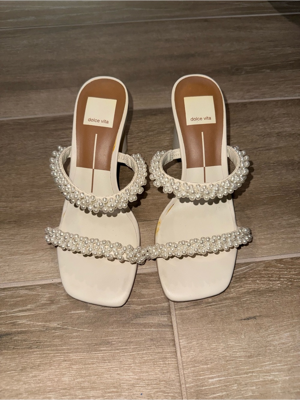Dolce Vita Women's Pearl-Embellished White Slide Sandals